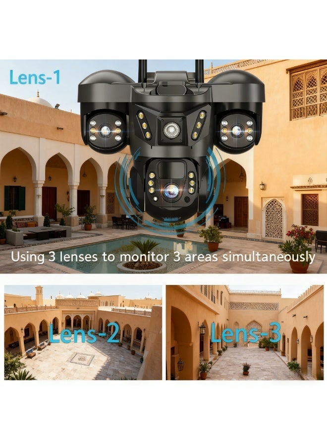 ريد ليف كاميرا مراقبة تعمل بالطاقة الشمسية 4G، خارجية PTZ 4K HD ثلاثية العدسات، مراقبة بانورامية لاسلكية بزاوية 360 درجة، محادثة ثنائية الاتجاه - Image 3